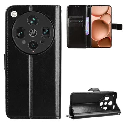 Voor Oppo Find X8 Ultra 5G PU Leren Hoesje met Bandje Crazy Horse Structuur Telefoon Portemonnee Cover - Zwart