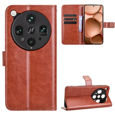 For Oppo Find X8 Ultra 5G PU Leather Case with Strap Crazy Horse Texture Phone Wallet Cover - Brown