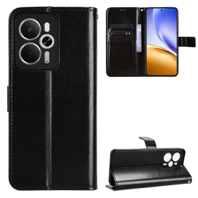 For Realme 14T 5G / Realme 14 5G PU Leather Case with Strap Crazy Horse Texture Phone Wallet Cover - Black