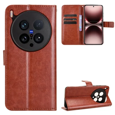 For vivo X200 Ultra 5G PU Leather Case with Strap Crazy Horse Texture Phone Wallet Cover - Brown