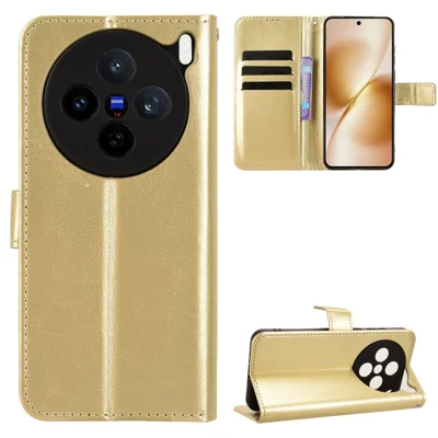 For vivo X200s 5G PU Leather Case with Strap Crazy Horse Texture Phone Wallet Cover - Gold
