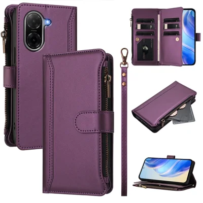 For Xiaomi Poco C71 4G / Redmi A5 4G (171.7mm) / A7 4G (Global) Leather Case 9 Card Slots Zipper Wallet Stand Phone Cover with Wrist Strap - Purple