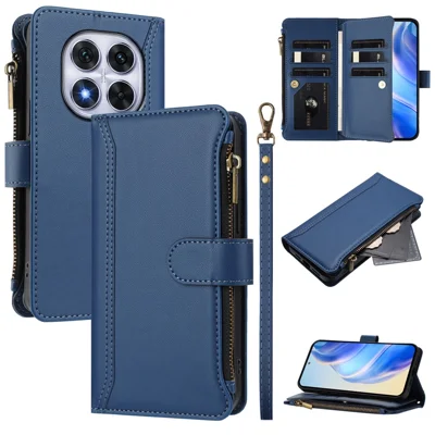 For Xiaomi Redmi Note 14 Pro 4G Leather Case 9 Card Slots Zipper Wallet Stand Phone Cover with Wrist Strap - Dark Blue