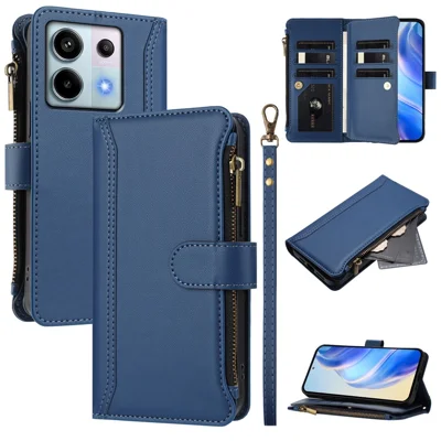For Xiaomi Poco X6 5G / Xiaomi Redmi Note 13 Pro 5G Leather Case 9 Card Slots Zipper Wallet Stand Phone Cover with Wrist Strap - Dark Blue