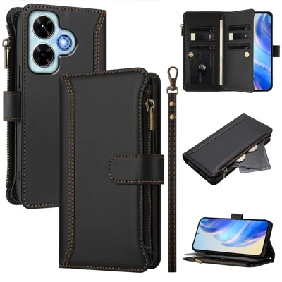 For Xiaomi Redmi Note 13 4G Leather Case 9 Card Slots Zipper Wallet Stand Phone Cover with Wrist Strap - Black