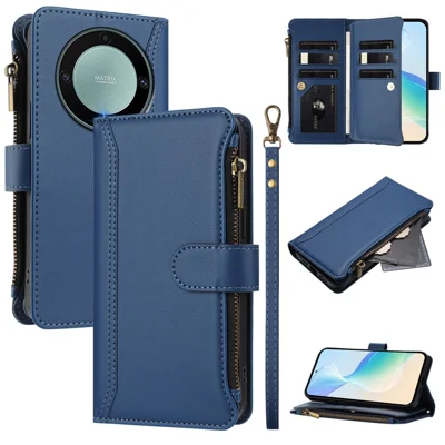 For Honor Magic5 Lite 5G / Honor X40 5G / Honor X9a 5G Leather Case 9 Card Slots Zipper Wallet Stand Phone Cover with Wrist Strap - Dark Blue
