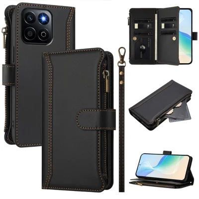 For Honor Play 60 Plus 5G / X7c 5G / X7c 4G / 200 Smart 5G Leather Case 9 Card Slots Zipper Wallet Stand Phone Cover with Wrist Strap - Black