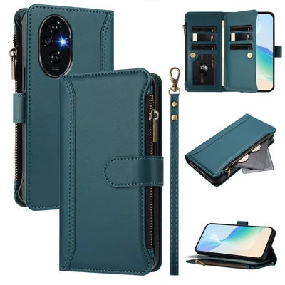 For Honor 200 Pro 5G Leather Case 9 Card Slots Zipper Wallet Stand Phone Cover with Wrist Strap - Dark Green