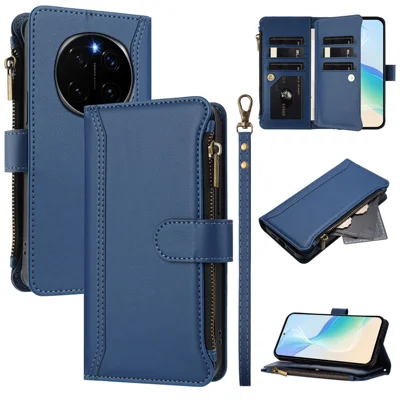 For Honor Magic7 Pro 5G Leather Case 9 Card Slots Zipper Wallet Stand Phone Cover with Wrist Strap - Dark Blue