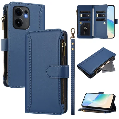 For Oppo Reno13 F 5G (Reno 13 FS 5G) / 4G Leather Case 9 Card Slots Zipper Wallet Stand Phone Cover with Wrist Strap - Dark Blue