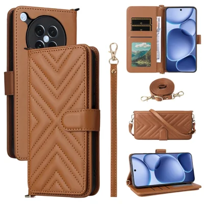 For Oppo Find X8s 5G Case with Shoulder / Wrist Strap Leather Phone Cover Stand Wallet - Brown
