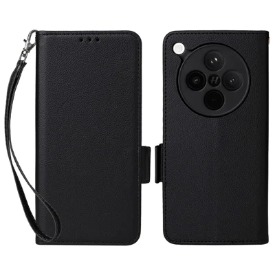 For Oppo Find X8s+ 5G Case with Wrist Strap Litchi Texture PU Leather Wallet Phone Cover - Black