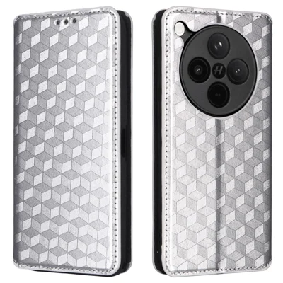 For Oppo Find X8s+ 5G Case Wallet Rhombus Imprinted Leather Phone Cover - Silver