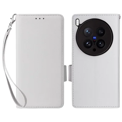 For vivo X200 Ultra 5G Case with Wrist Strap Litchi Texture PU Leather Wallet Phone Cover - White