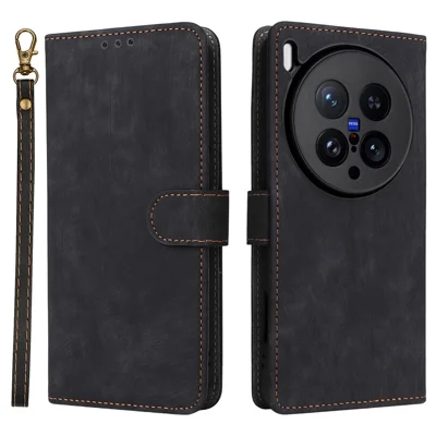 For vivo X200 Ultra 5G Case Wallet RFID Blocking PU Leather Phone Cover Stand with Strap - Black