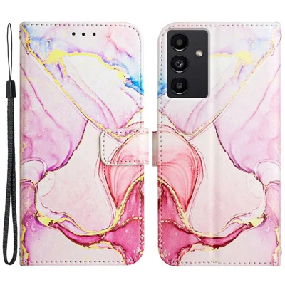For Samsung Galaxy A14 5G / A14 4G Wallet Phone Case Marble Pattern PU Leather Stand Cover with Strap - Rose Gold LS005