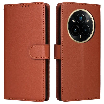 For Realme 14 Pro+ 5G Case Wallet Stand View PU Leather Phone Cover with Wrist Strap - Brown