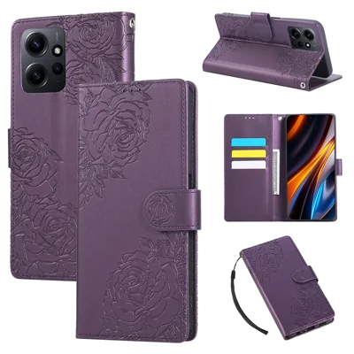 For Xiaomi Redmi Note 12 4G Case Rose Flower PU Leather Wallet Phone Cover with 3 Card Slots - Dark Purple