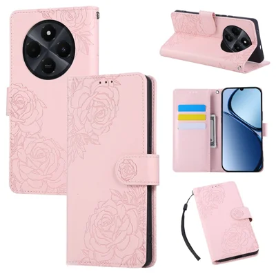 For Xiaomi Redmi 14C 4G / 14R 5G / Poco C75 4G Case Rose Flower PU Leather Wallet Phone Cover with 3 Card Slots - Rose Gold