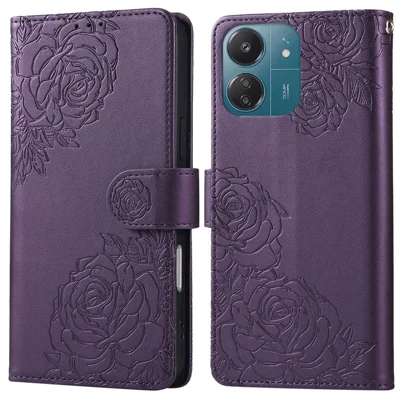 For Xiaomi Redmi 13C 4G / 13C 5G / Poco C65 4G Case Rose Flower PU Leather Wallet Phone Cover with 3 Card Slots - Dark Purple