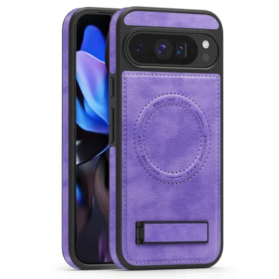 For Google Pixel 9 Pro XL Magnetic Case with Folded Kickstand PC Silicone Leather Phone Back Cover - Light Purple