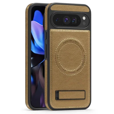 For Google Pixel 9 Pro XL Magnetic Case with Folded Kickstand PC Silicone Leather Phone Back Cover - Desert Gold