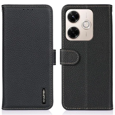 KHAZNEH For Xiaomi Redmi 13x 4G Case Genuine Cow Leather Flip Phone Cover - Black