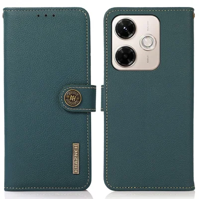 KHAZNEH for Xiaomi Redmi 13x 4G Case Genuine Cow Leather RFID Blocking Wallet Phone Cover - Green