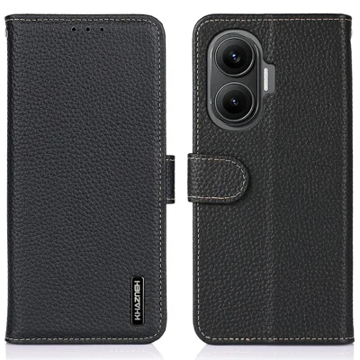 KHAZNEH For Xiaomi Redmi Turbo 4 Pro 5G  /  Poco F7 5G Case Genuine Cow Leather Flip Phone Cover - Black