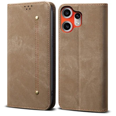 For Nothing CMF Phone 2 Pro Case Jeans Cloth Texture Anti-Scratch Leather Stand Phone Cover - Khaki