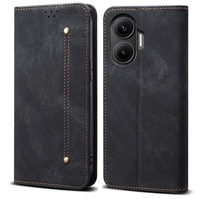 For Xiaomi Poco F7 5G / Redmi Turbo 4 Pro 5G Case Jeans Cloth Texture Anti-Scratch Leather Stand Phone Cover - Black