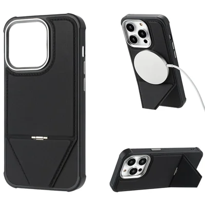 Til iPhone 16 Pro Max Case Kompatibel med MagSafe Foldestå TPU + PU Læder Telefonbeskyttelse - Sort