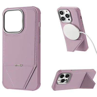 Til iPhone 15 Pro Case Kompatibel med MagSafe Foldestå TPU + PU Læder Telefonbeskyttelse - Pink