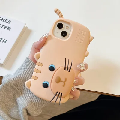 For iPhone 15 Silicone Case Cute Walking Cat Design Lens Cover Kickstand Phone Cover