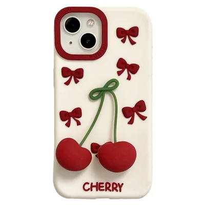 For iPhone 15 Silicone Case Cute Pendant Cherry Design Shockproof Durable Phone Back Cover