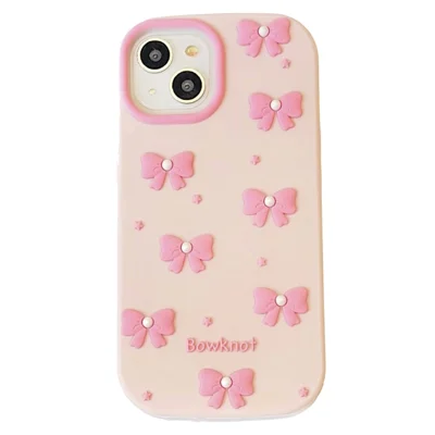 For iPhone 15 Silicone Case Cute Pearl Bow Design Shockproof Phone Back Cover