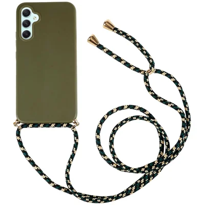 Bulk Purchasing For Samsung Galaxy A15 5G Back Case Wheat Straw + TPU Shockproof Phone Cover with Adjustable Lanyard - Army Green