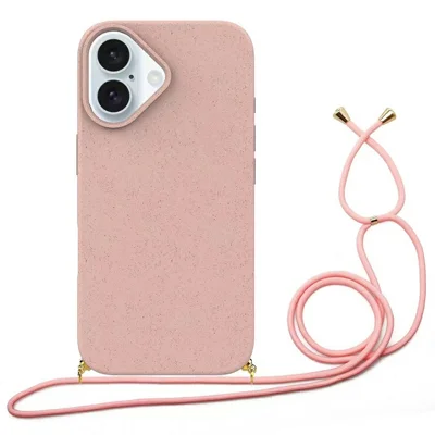 Bulk Purchasing For iPhone 16 Plus Back Case Wheat Straw + TPU Shockproof Phone Cover with Adjustable Lanyard - Pink