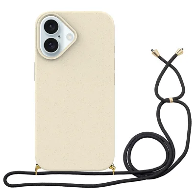 Bulk Purchasing For iPhone 16 Plus Back Case Wheat Straw + TPU Shockproof Phone Cover with Adjustable Lanyard - White
