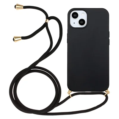 Bulk Purchasing For iPhone 15 Plus Back Case Wheat Straw + TPU Shockproof Phone Cover with Adjustable Lanyard - Black
