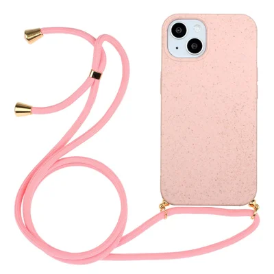 Bulk Purchasing For iPhone 15 Plus Back Case Wheat Straw + TPU Shockproof Phone Cover with Adjustable Lanyard - Pink
