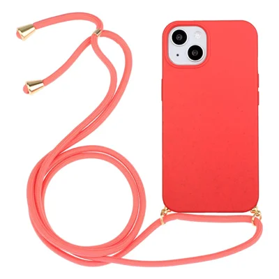 Bulk Purchasing For iPhone 13 Back Case Wheat Straw + TPU Shockproof Phone Cover with Adjustable Lanyard - Red