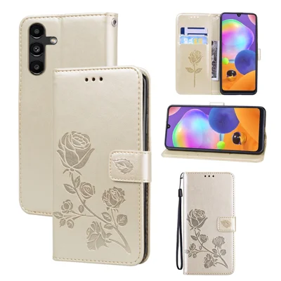 Samsung Galaxy A56 5G-hoesje met rozenpatroon, lederen portemonneebehuizing met riempje - Goud
