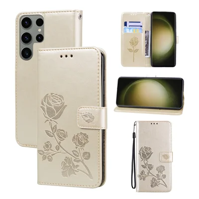 Samsung Galaxy S25 Ultra-hoesje met rozenpatroon, lederen portemonnee-telefoonhoesje met riem - Goud
