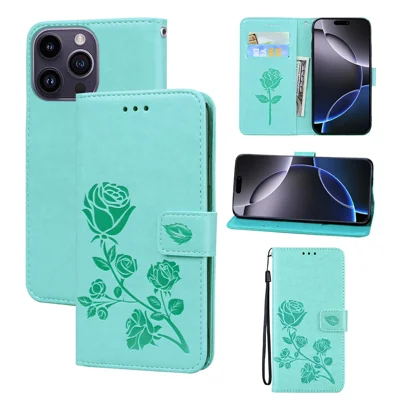 For iPhone 15 Pro Max Case Rose Pattern Leather Wallet Phone Cover with Strap - Green