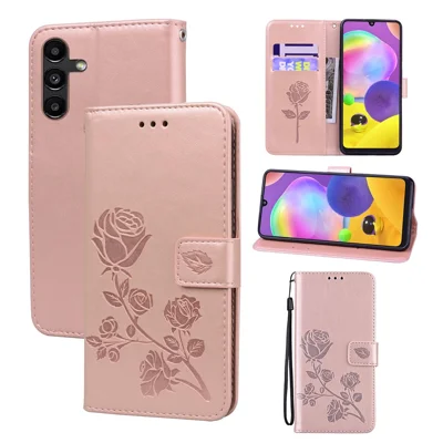 For Samsung Galaxy A25 5G (Global) (161mm) Case Rose Pattern Leather Wallet Phone Cover with Strap - Rose Gold