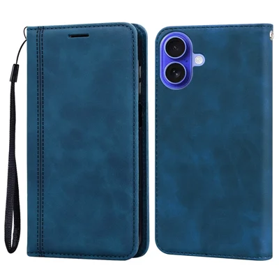 Voor iPhone 16 Plus hoesje Zakelijke stijl met magnetische sluiting Lederen telefoonhoes met bandje - Blauw