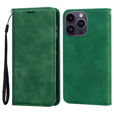 For iPhone 15 Pro Case Business Style Magnetic Closure Leather Phone Cover with Strap - Green