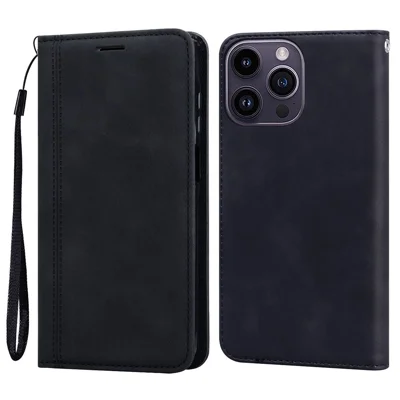 For iPhone 14 Pro Max Case Business Style Magnetic Closure Leather Phone Cover with Strap - Black