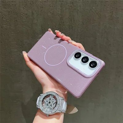 For Samsung Galaxy S24 FE Magnetic Case Glitter Design IMD TPU + PC Phone Back Cover - Purple